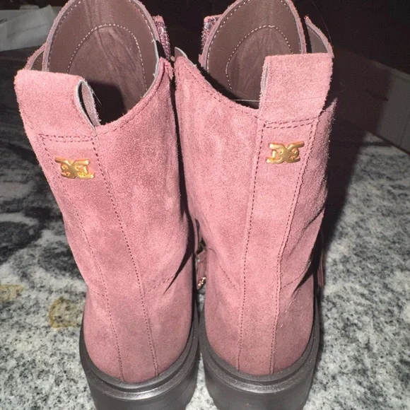 Sam Edelman Plum Suede Lace-Up Boots with Gold Accents - Picture 2 of 6